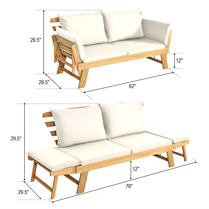 Outdoor Acacia Wood Daybed Patio Folding Convertible Sofa Bed  Lounge Bench with Cushion and Adjustable Armrest