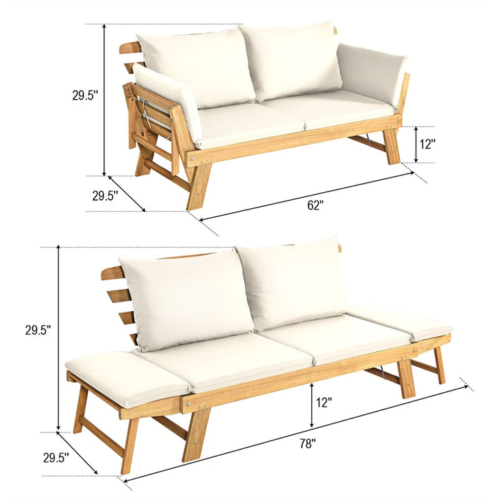 Outdoor Acacia Wood Daybed Patio Folding Convertible Sofa Bed  Lounge Bench with Cushion and Adjustable Armrest