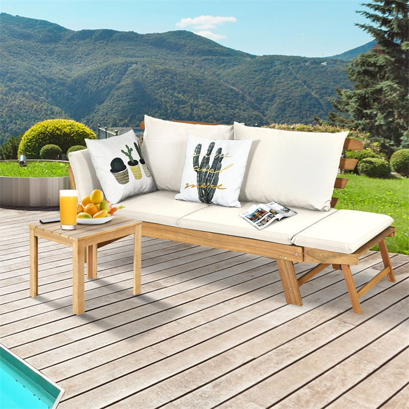 Outdoor Acacia Wood Daybed Patio Folding Convertible Sofa Bed  Lounge Bench with Cushion and Adjustable Armrest