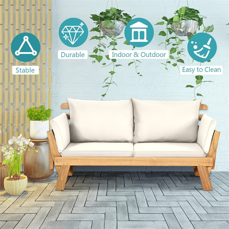 Outdoor Acacia Wood Daybed Patio Folding Convertible Sofa Bed  Lounge Bench with Cushion and Adjustable Armrest