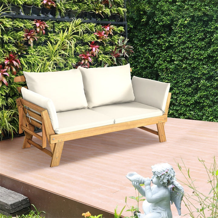 Outdoor Acacia Wood Daybed Patio Folding Convertible Sofa Bed  Lounge Bench with Cushion and Adjustable Armrest