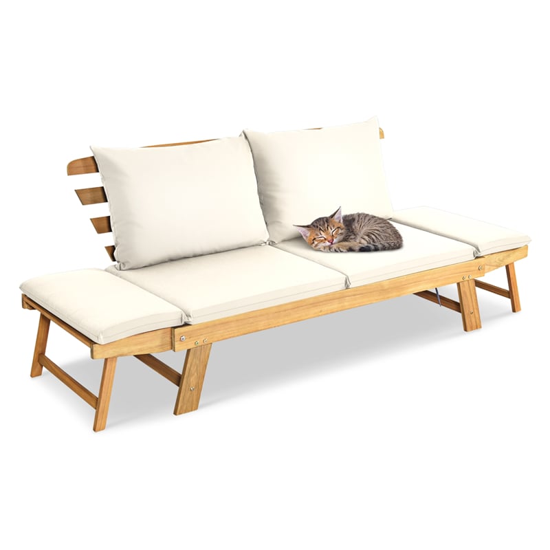 Outdoor Acacia Wood Daybed Patio Folding Convertible Sofa Bed  Lounge Bench with Cushion and Adjustable Armrest