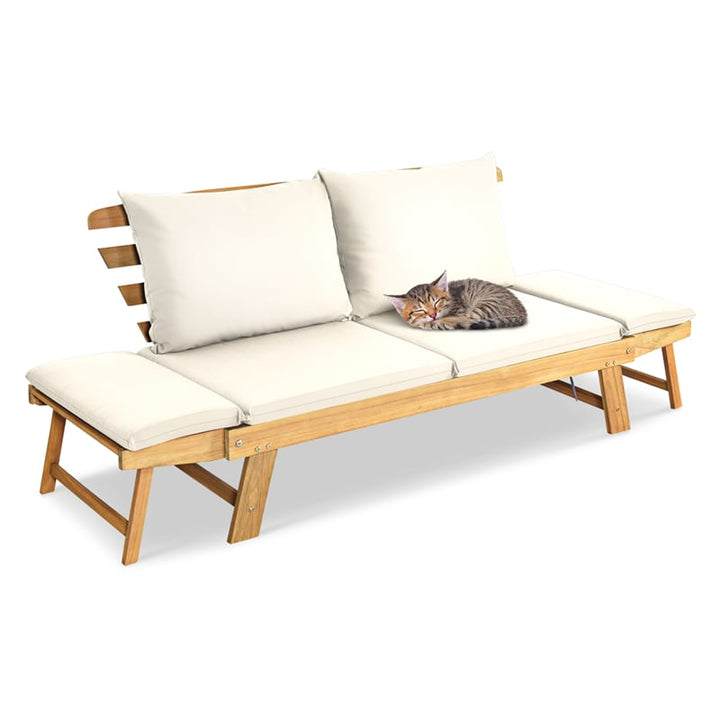 Outdoor Acacia Wood Daybed Patio Folding Convertible Sofa Bed  Lounge Bench with Cushion and Adjustable Armrest