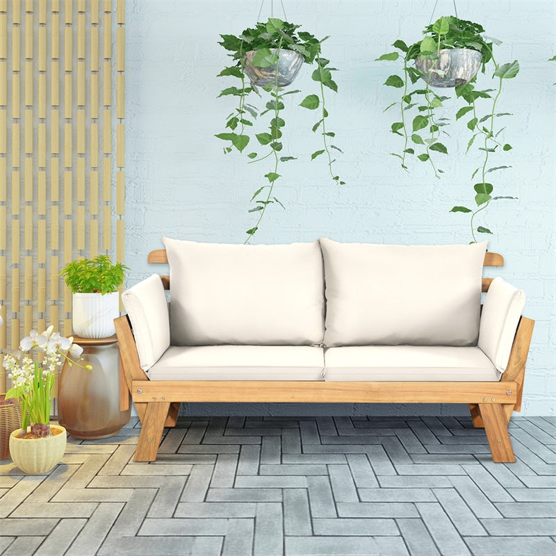 Outdoor Acacia Wood Daybed Patio Folding Convertible Sofa Bed  Lounge Bench with Cushion and Adjustable Armrest