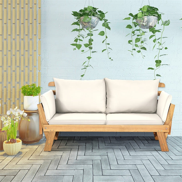 Outdoor Acacia Wood Daybed Patio Folding Convertible Sofa Bed  Lounge Bench with Cushion and Adjustable Armrest