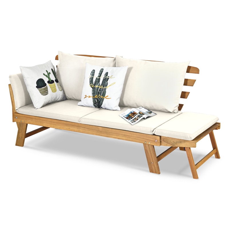 Outdoor Acacia Wood Daybed Patio Folding Convertible Sofa Bed  Lounge Bench with Cushion and Adjustable Armrest