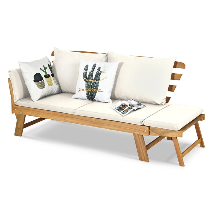 Outdoor Acacia Wood Daybed Patio Folding Convertible Sofa Bed  Lounge Bench with Cushion and Adjustable Armrest