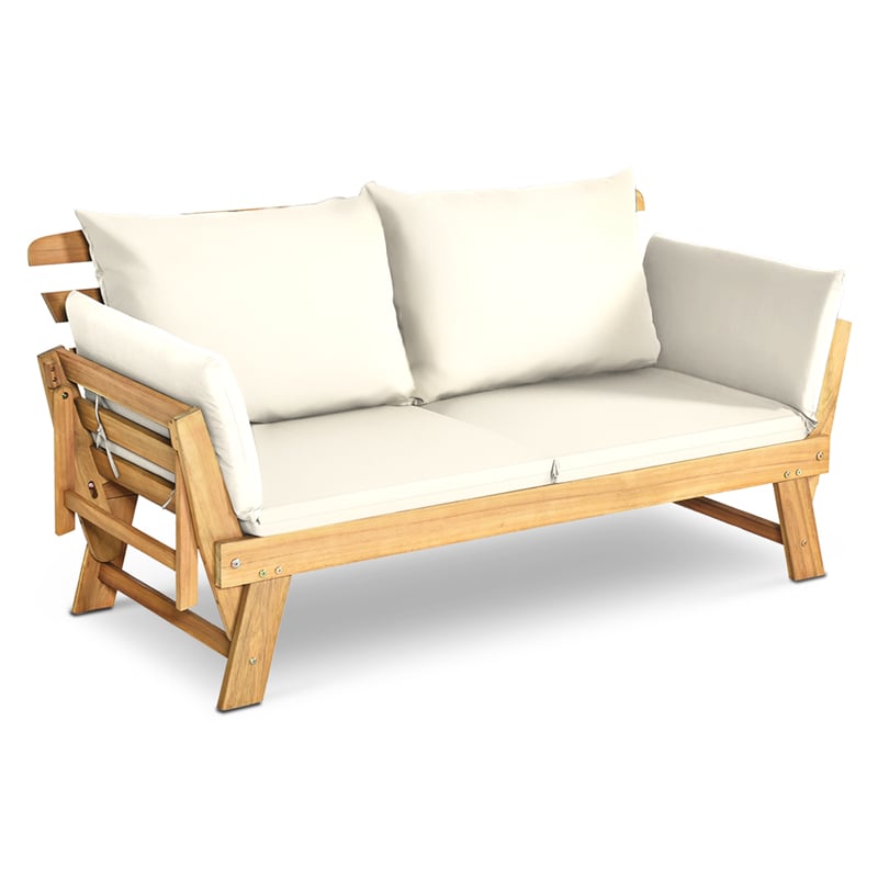 Outdoor Acacia Wood Daybed Patio Folding Convertible Sofa Bed  Lounge Bench with Cushion and Adjustable Armrest