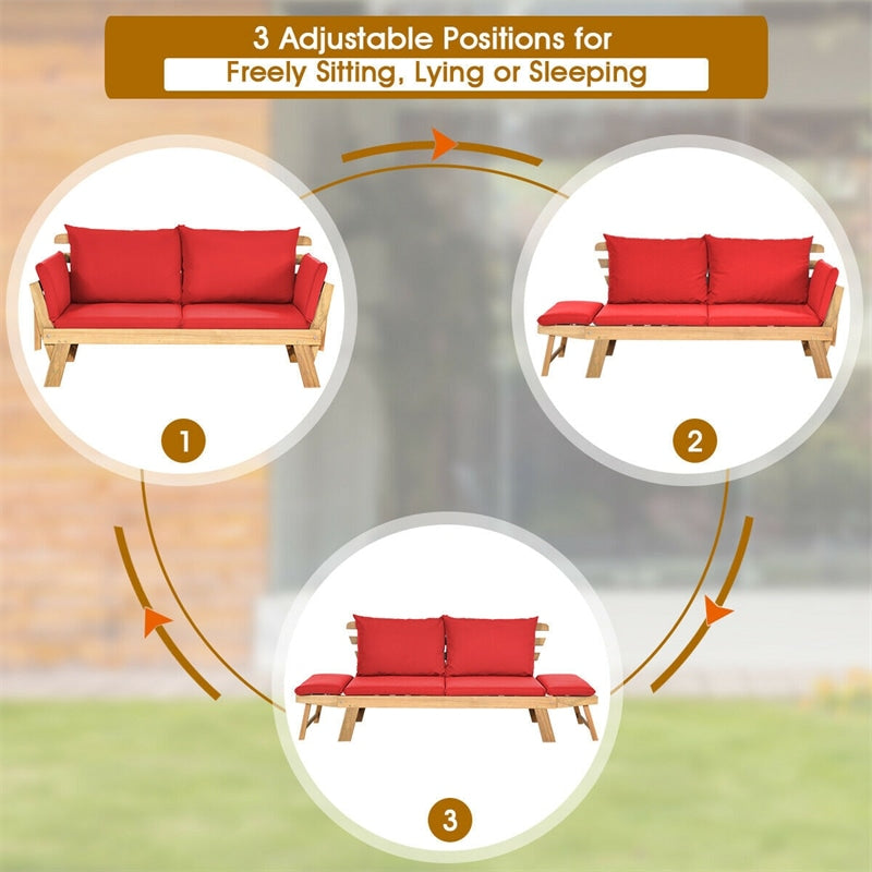 Outdoor Acacia Wood Daybed Patio Folding Convertible Sofa Bed  Lounge Bench with Cushion and Adjustable Armrest