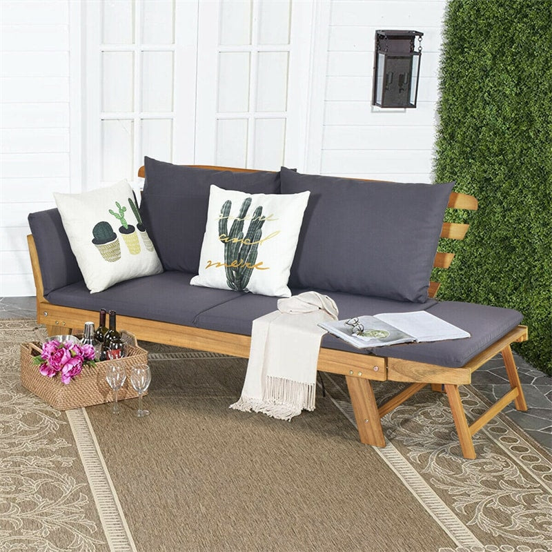 Outdoor Acacia Wood Daybed Patio Folding Convertible Sofa Bed  Lounge Bench with Cushion and Adjustable Armrest