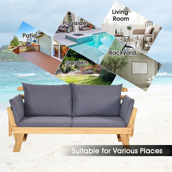 Outdoor Acacia Wood Daybed Patio Folding Convertible Sofa Bed  Lounge Bench with Cushion and Adjustable Armrest