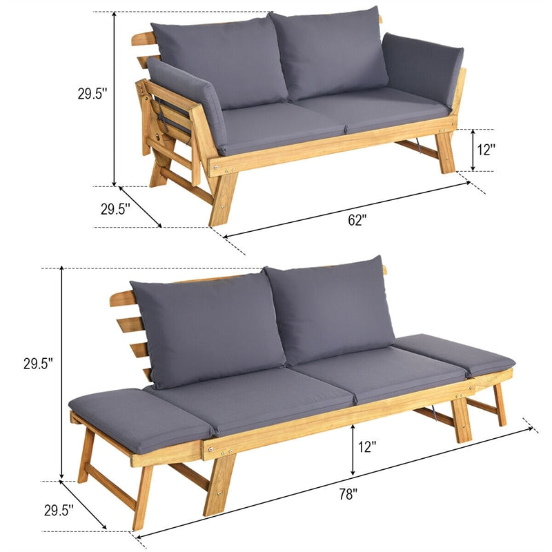 Outdoor Acacia Wood Daybed Patio Folding Convertible Sofa Bed  Lounge Bench with Cushion and Adjustable Armrest
