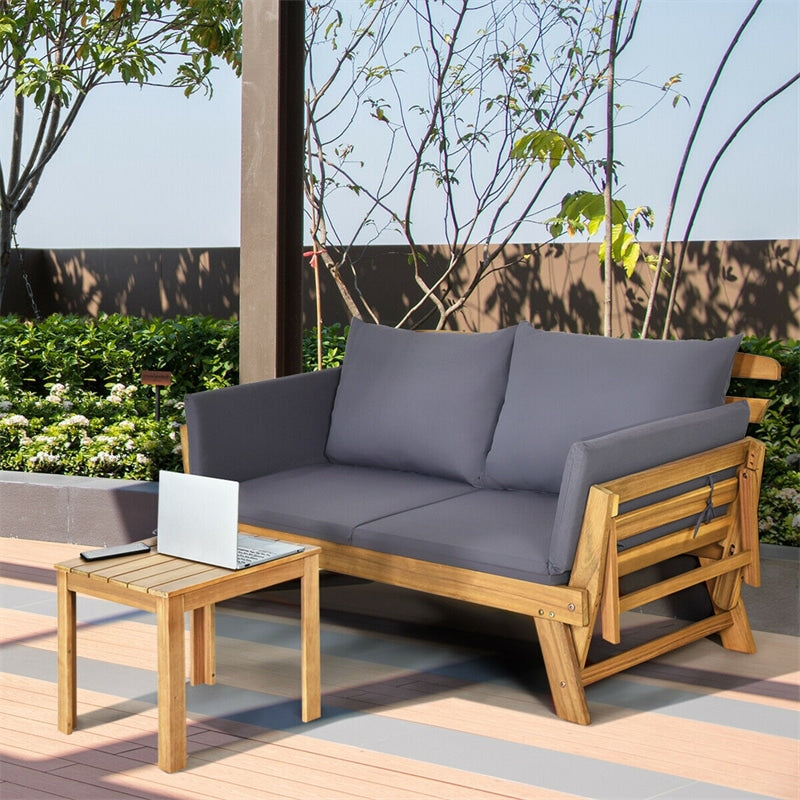 Outdoor Acacia Wood Daybed Patio Folding Convertible Sofa Bed  Lounge Bench with Cushion and Adjustable Armrest
