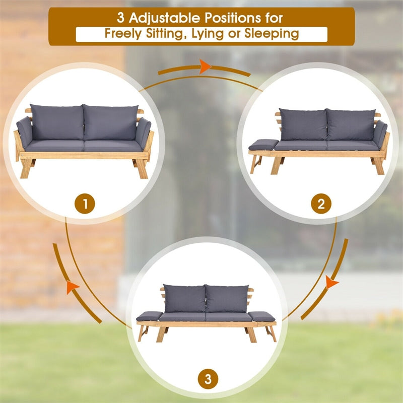 Outdoor Acacia Wood Daybed Patio Folding Convertible Sofa Bed  Lounge Bench with Cushion and Adjustable Armrest