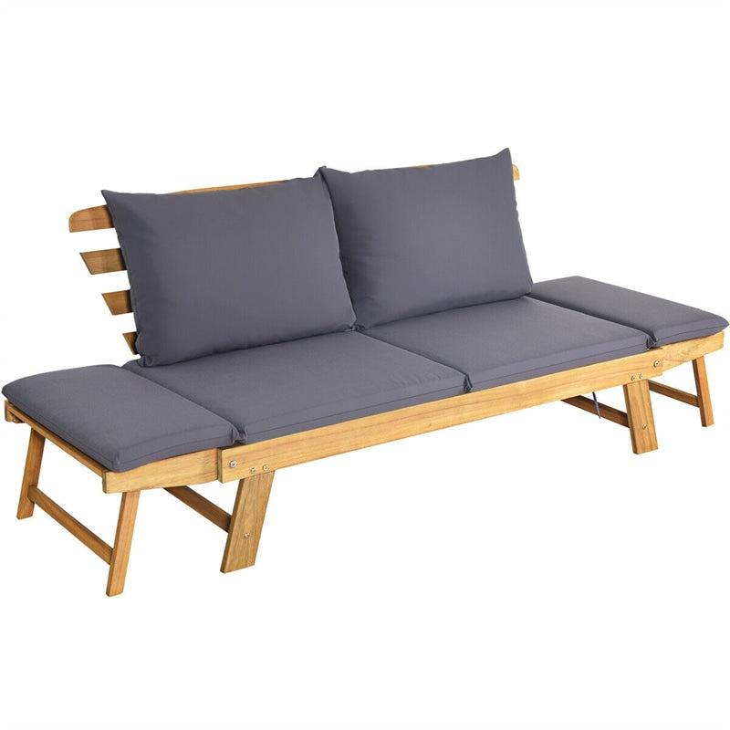 Outdoor Acacia Wood Daybed Patio Folding Convertible Sofa Bed  Lounge Bench with Cushion and Adjustable Armrest