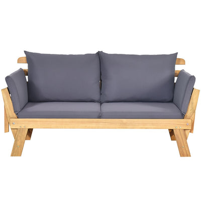 Outdoor Acacia Wood Daybed Patio Convertible Sofa Couch Bed with Cushion and Adjustable Armrest