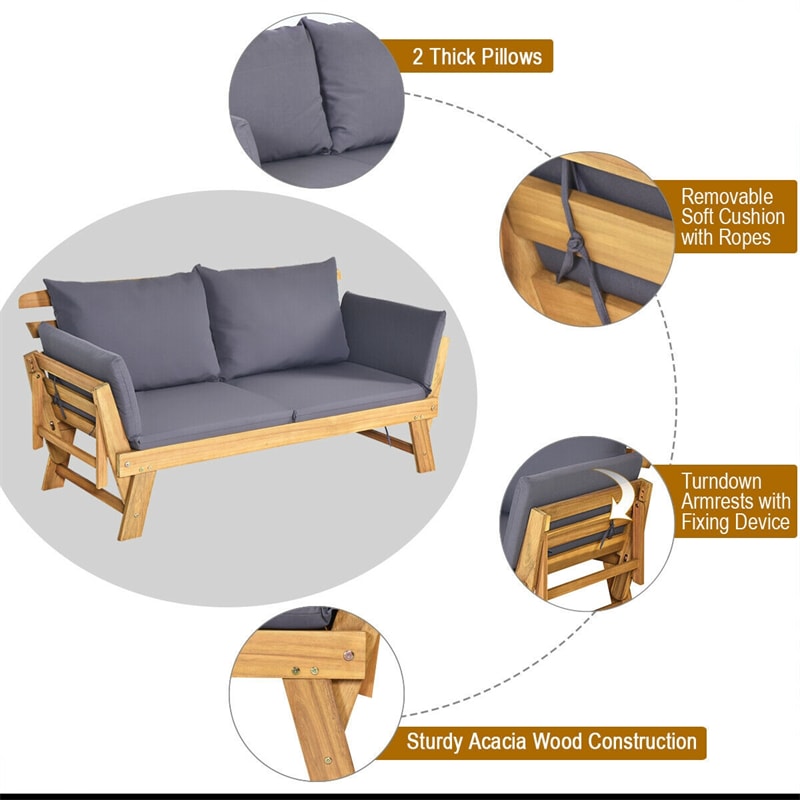 Outdoor Acacia Wood Daybed Patio Folding Convertible Sofa Bed  Lounge Bench with Cushion and Adjustable Armrest