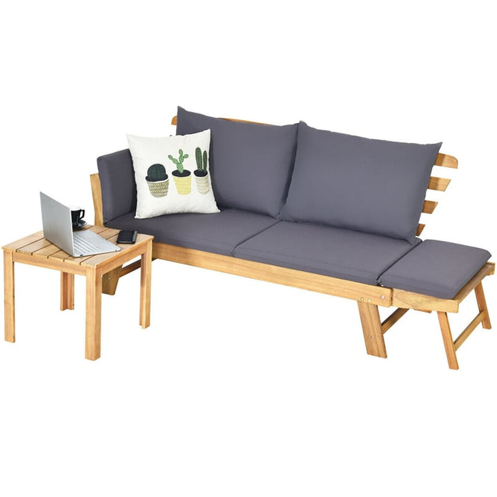 Outdoor Acacia Wood Daybed Patio Folding Convertible Sofa Bed  Lounge Bench with Cushion and Adjustable Armrest