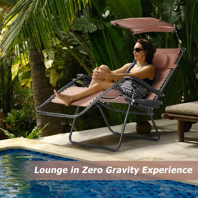 Outdoor Folding Lounge Chair Patio Recliner with Canopy Shade and Cup Holder