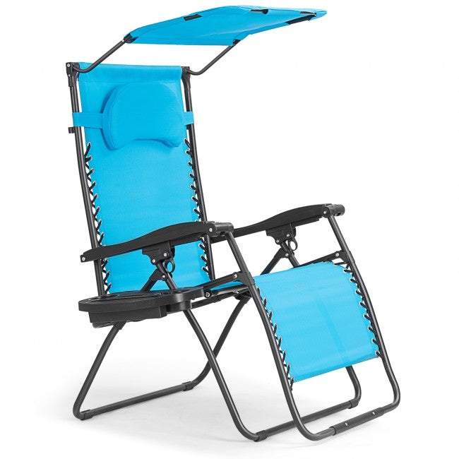 Outdoor Folding Lounge Chair Patio Recliner with Canopy Shade and Cup Holder