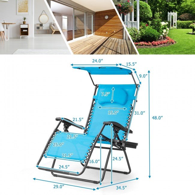 Outdoor Folding Lounge Chair Patio Recliner with Canopy Shade and Cup Holder