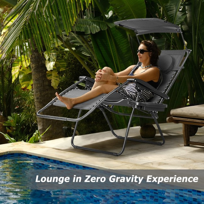 Outdoor Folding Lounge Chair Patio Recliner with Canopy Shade and Cup Holder