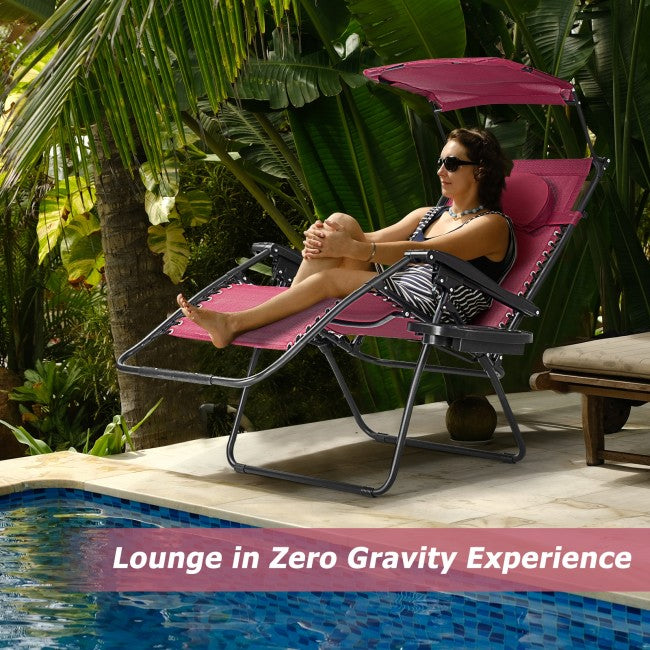 Outdoor Folding Lounge Chair Patio Recliner with Canopy Shade and Cup Holder