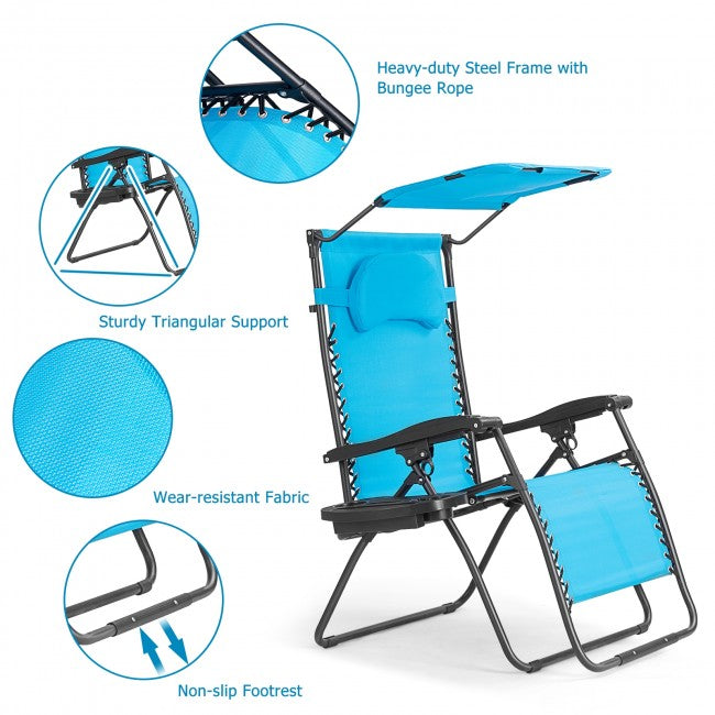 Outdoor Folding Lounge Chair Patio Recliner with Canopy Shade and Cup Holder