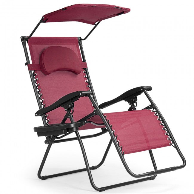 Outdoor Folding Lounge Chair Patio Recliner with Canopy Shade and Cup Holder