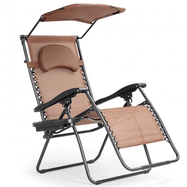 Outdoor Folding Lounge Chair Patio Recliner with Canopy Shade and Cup Holder