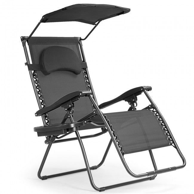 Outdoor Folding Lounge Chair Patio Recliner with Canopy Shade and Cup Holder