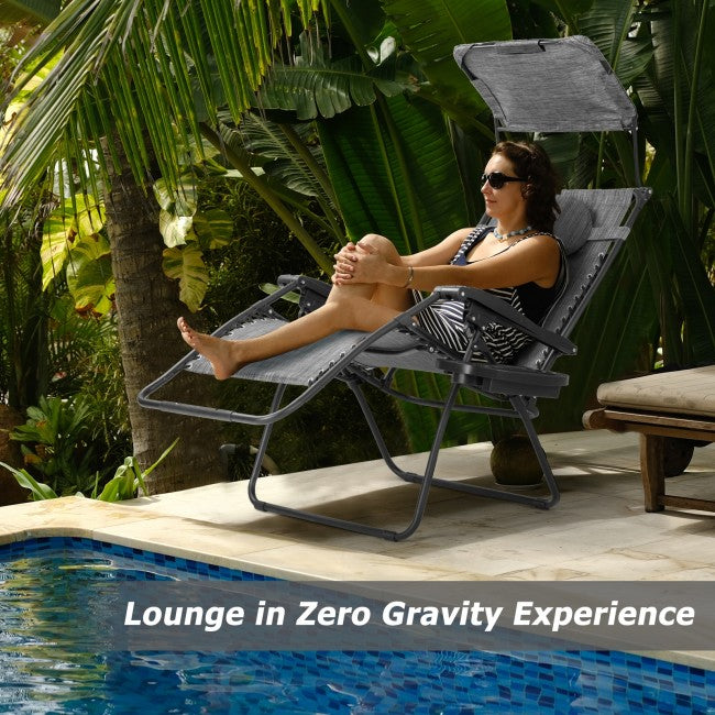 Outdoor Folding Lounge Chair Patio Recliner with Canopy Shade and Cup Holder