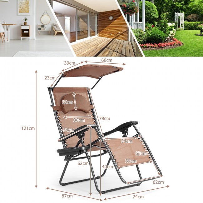 Outdoor Folding Lounge Chair Patio Recliner with Canopy Shade and Cup Holder