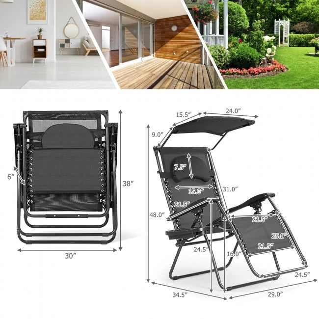 Outdoor Folding Lounge Chair Patio Recliner with Canopy Shade and Cup Holder