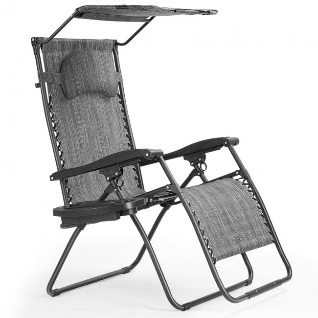 Outdoor Folding Lounge Chair Patio Recliner with Canopy Shade and Cup Holder