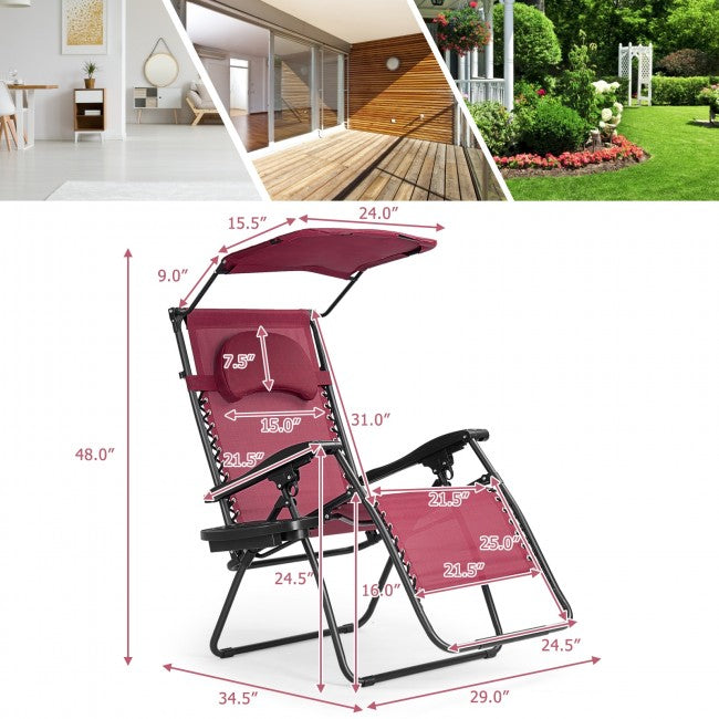 Outdoor Folding Lounge Chair Patio Recliner with Canopy Shade and Cup Holder