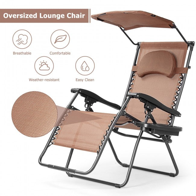 Outdoor Folding Lounge Chair Patio Recliner with Canopy Shade and Cup Holder