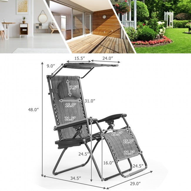 Outdoor Folding Lounge Chair Patio Recliner with Canopy Shade and Cup Holder