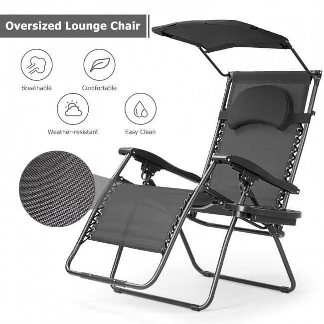 Outdoor Folding Lounge Chair Patio Recliner with Canopy Shade and Cup Holder