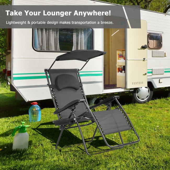 Outdoor Folding Lounge Chair Patio Recliner with Canopy Shade and Cup Holder