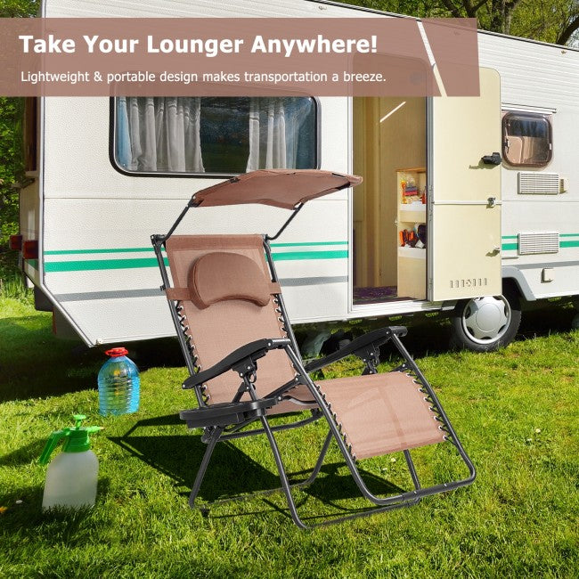 Outdoor Folding Lounge Chair Patio Recliner with Canopy Shade and Cup Holder