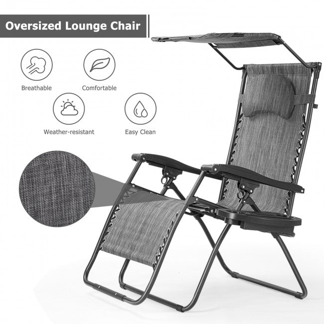 Outdoor Folding Lounge Chair Patio Recliner with Canopy Shade and Cup Holder