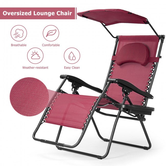 Outdoor Folding Lounge Chair Patio Recliner with Canopy Shade and Cup Holder