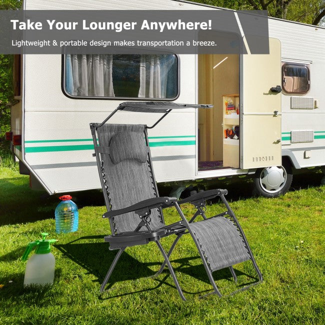 Outdoor Folding Lounge Chair Patio Recliner with Canopy Shade and Cup Holder