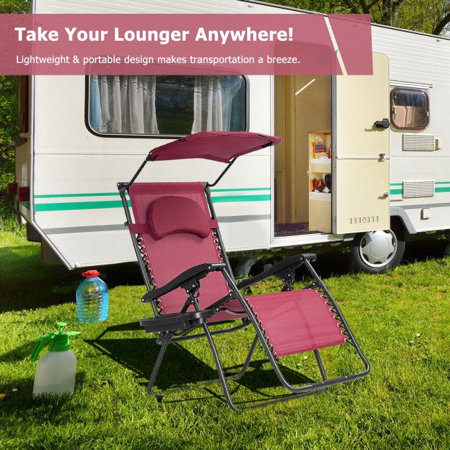Outdoor Folding Lounge Chair Patio Recliner with Canopy Shade and Cup Holder