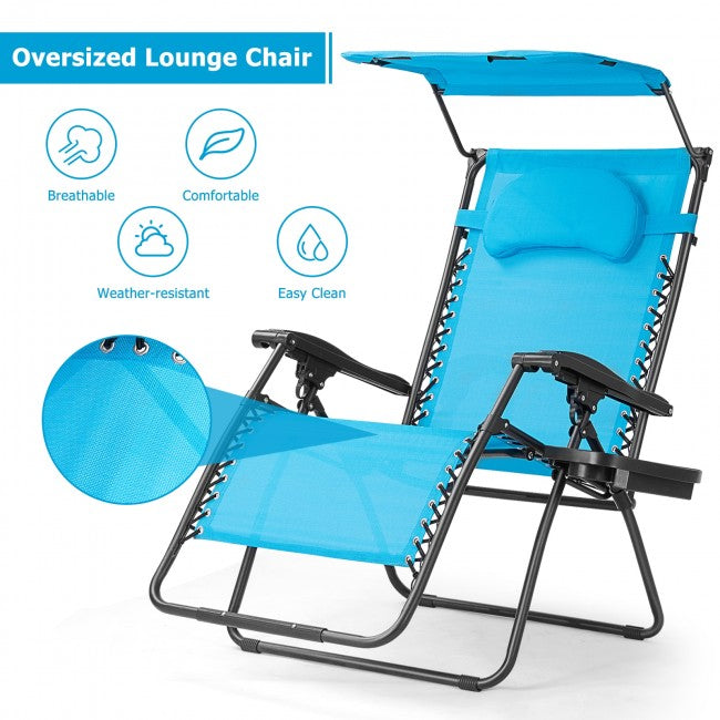 Outdoor Folding Lounge Chair Patio Recliner with Canopy Shade and Cup Holder
