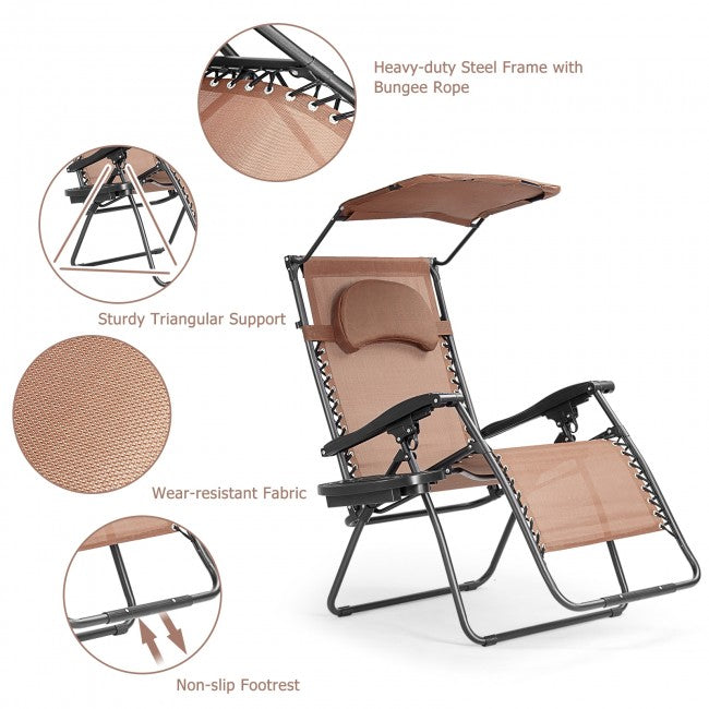 Outdoor Folding Lounge Chair Patio Recliner with Canopy Shade and Cup Holder