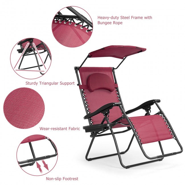 Outdoor Folding Lounge Chair Patio Recliner with Canopy Shade and Cup Holder