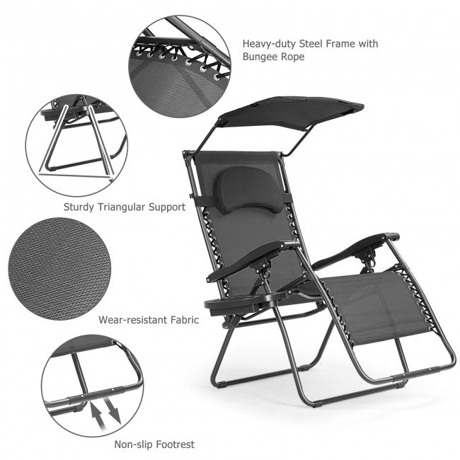 Outdoor Folding Lounge Chair Patio Recliner with Canopy Shade and Cup Holder