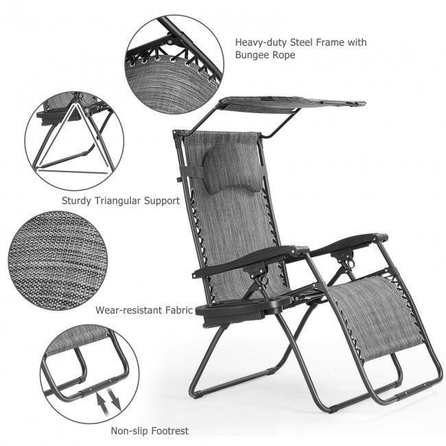 Outdoor Folding Lounge Chair Patio Recliner with Canopy Shade and Cup Holder